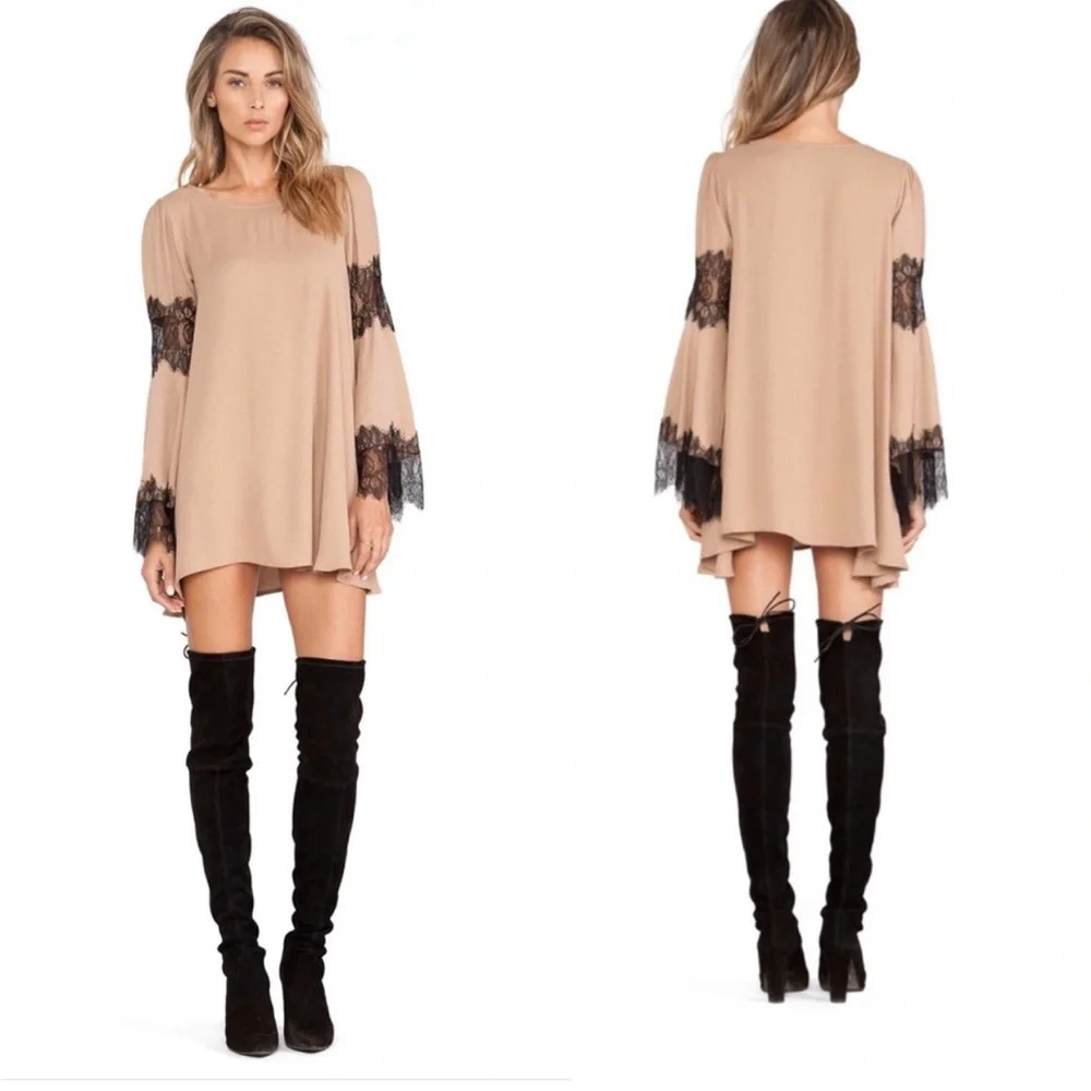 For Love & Lemons Festival Dress Camel Black Lace Bell Sleeves Tan Mini